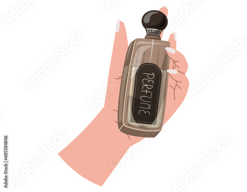 Elegant female hands with manicure holding a yellow bottle of perfume. Vector isolated fashion illustration, fragrant eau de parfum.