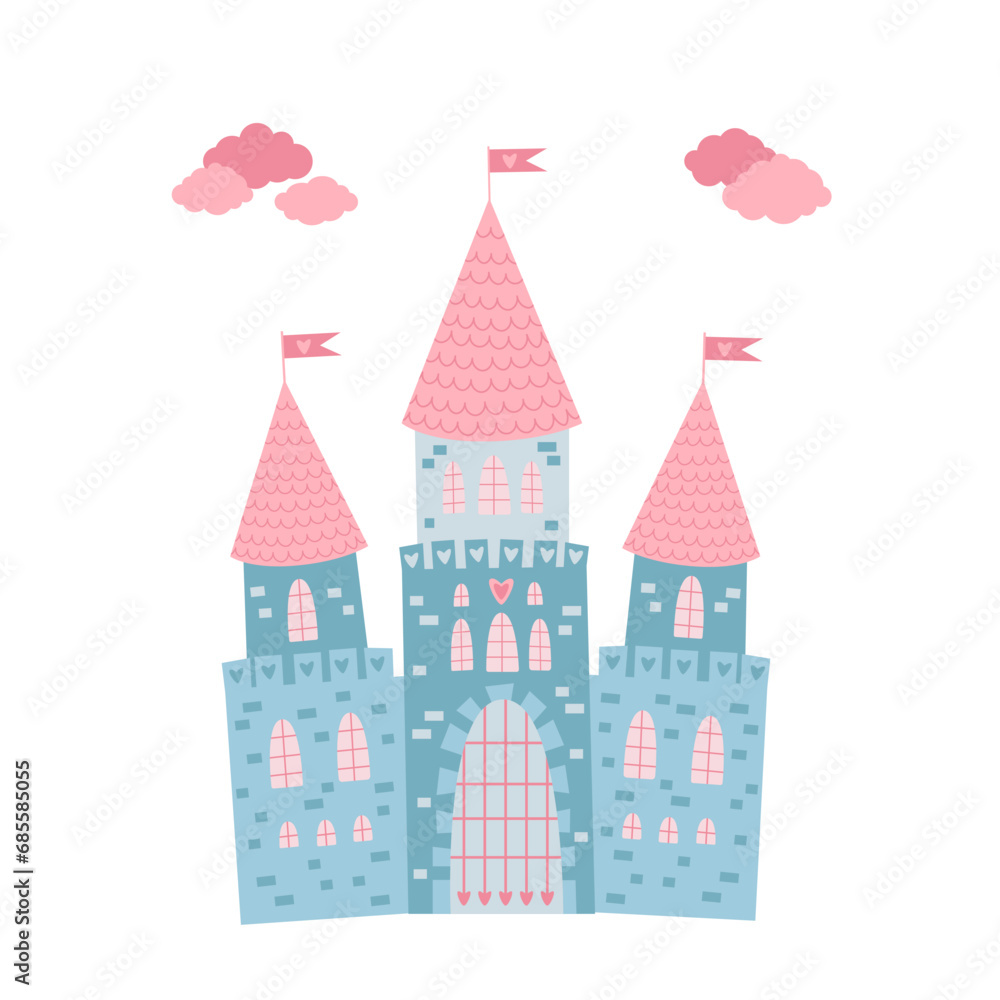 Fairy castle towers palace with gate. Cute princess castle.  Cartoon vector isolated.