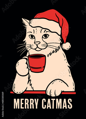 Merry catmas Christmas card. Cat holding coffee cup illustration. Kitten wearing Santa hat. Cute holiday aesthetic drawing for cat mom and coffee lovers. Minimalist flat design vector print products.