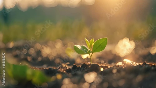 Single young plant growing up on ground with raining drop. Save the world environment concept. Seamless loop. Digitally generated AI video photo