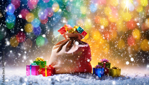 padający śnieg, kolorowe tło, refleksy świetlne, duży worek z prezentami stojący po środku photo