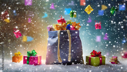 padający śnieg, kolorowe tło, refleksy świetlne, duży worek z prezentami stojący po środku