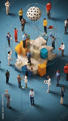 An interconnected web of diverse IT professionals collaborating on a shared project, with each individual contributing their unique expertise, surrounded. 3D Illustration photo