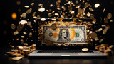 Money and coins emerging from a laptop - Concept of online earnings
