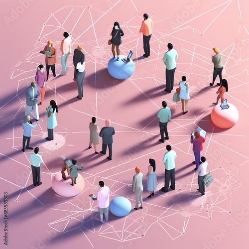 An interconnected web of diverse IT professionals collaborating on a shared project, with each individual contributing their unique expertise, surrounded. 3D Illustration photo