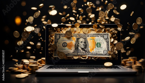 Money and coins emerging from a laptop - Concept of online earnings