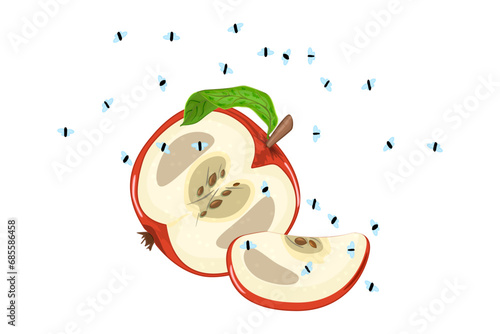 
Fruit flies and red apple on white background. Drosophila melanogaster. Flies flying above apple. Insect swarming around food scraps. Organic waste or kitchen leftovers and pest. Vector illustration