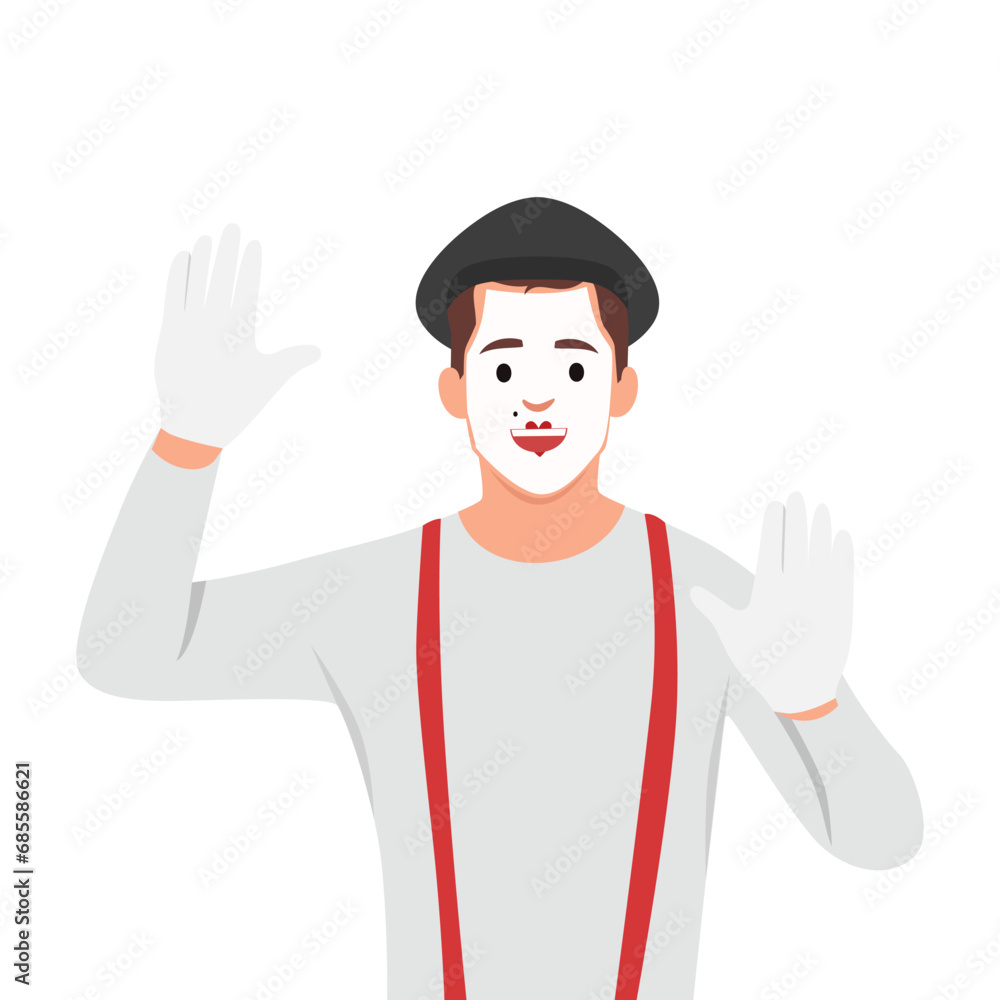 Mime cartoon character performing pantomime called Behind the wall. Flat style. Flat vector illustration isolated on white background Mime cartoon character performing pantomime called Behind the wall. Flat style. Flat vector illustration isolated on white background