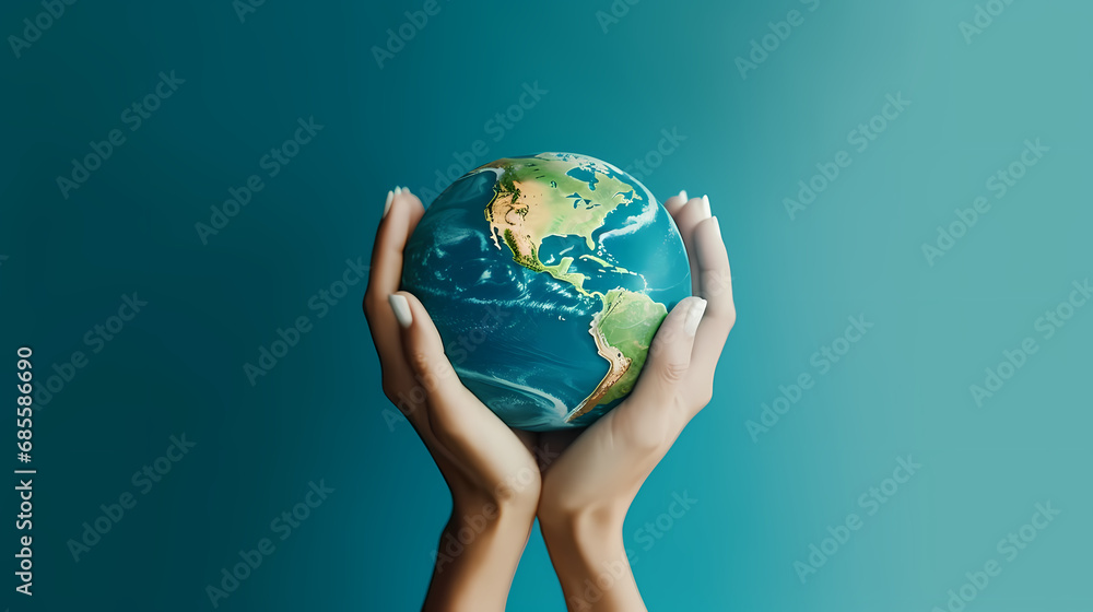 Earth was holding in human hands on blue background. Environmental protection concept. Energy saving concept Earth was holding in human hands on blue background. Environmental protection concept. Energy saving concept