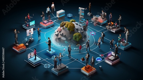 An interconnected web of diverse IT professionals collaborating on a shared project, with each individual contributing their unique expertise, surrounded. 3D Illustration, banner