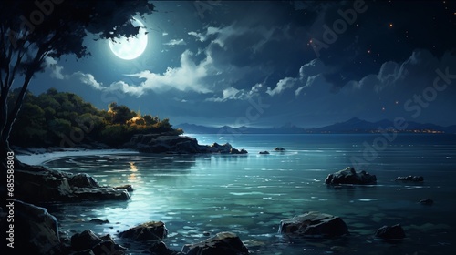 A moonlit night over a calm littoral zone  with the moon s reflection shimmering on the water s surface.