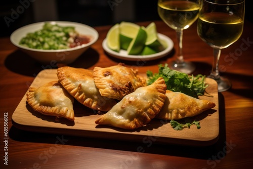 chicken Argentinian empanadas dish at dinner table with tomato sauce