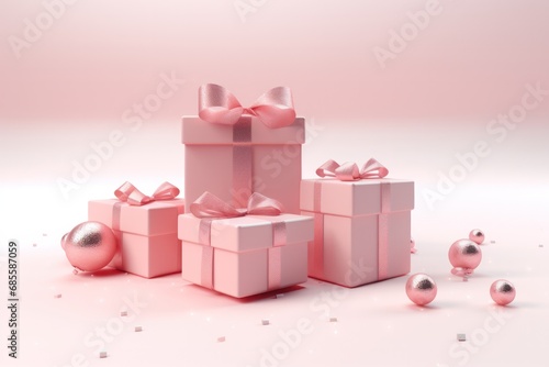 pink minimal christmas gift boxes and baubles or balls 3d render festive background with copy space
