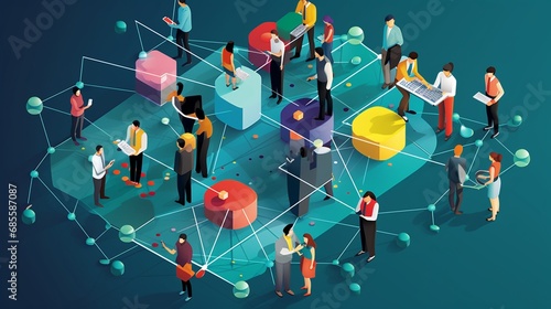 An interconnected web of diverse IT professionals collaborating on a shared project, with each individual contributing their unique expertise, surrounded. 3D Illustration photo