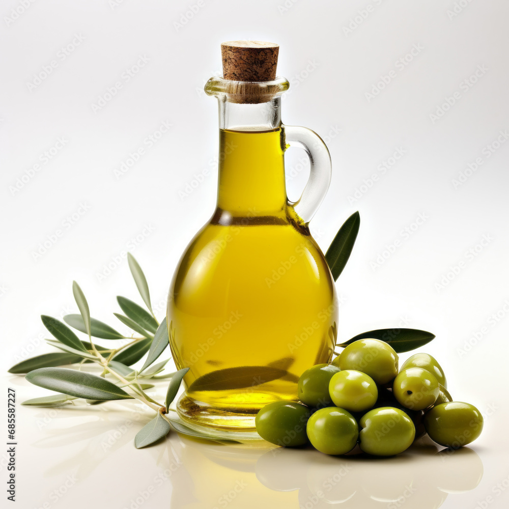 Olive branch and olive oil bottle isolated on white