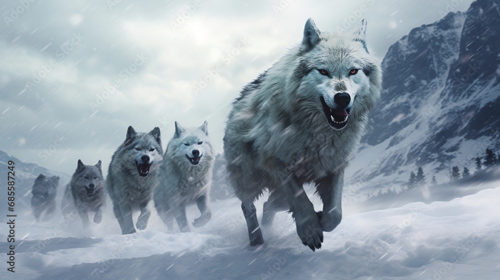 Naklejka premium A pack of Arctic wolves moving silently across a snowy terrain under a gray sky.