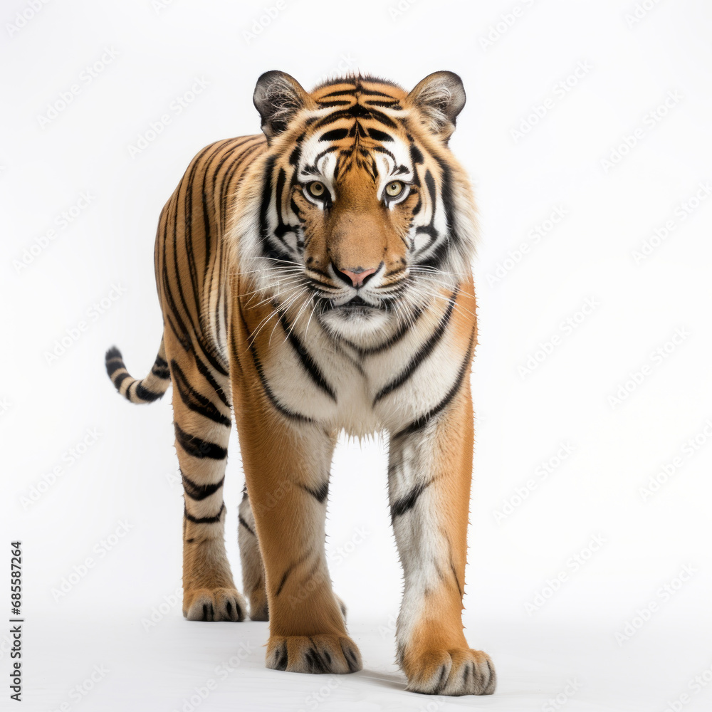 Fototapeta premium Male bengal tiger walking in front of a white background.