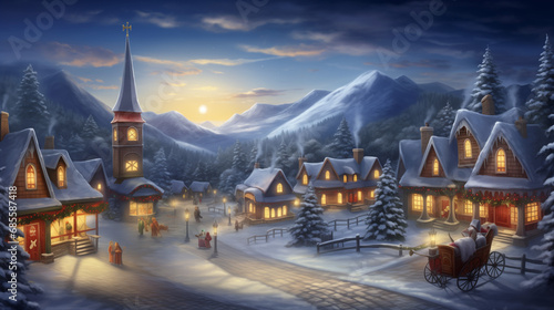 enchanting aerial view of a snow-kissed village adorned with twinkling lights, a majestic Christmas tree,  capturing the festive joy of the holiday season -Generative AI © Levent
