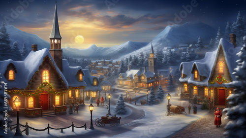 enchanting aerial view of a snow-kissed village adorned with twinkling lights, a majestic Christmas tree, capturing the festive joy of the holiday season -Generative AI