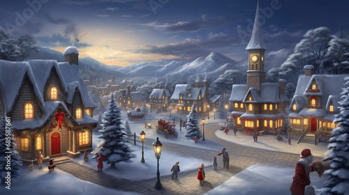 enchanting aerial view of a snow-kissed village adorned with twinkling lights, a majestic Christmas tree,  capturing the festive joy of the holiday season -Generative AI © Levent