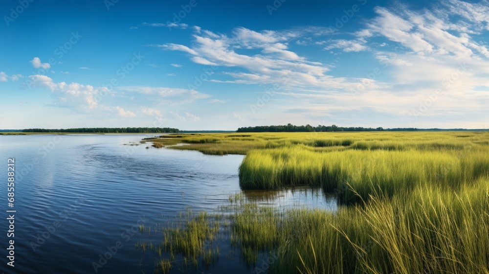 A panoramic view of a coastal marshland at high tide, with water reflecting the blue sky and marsh grass swaying gently.