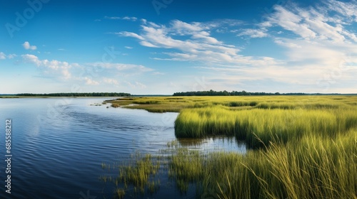 A panoramic view of a coastal marshland at high tide  with water reflecting the blue sky and marsh grass swaying gently.