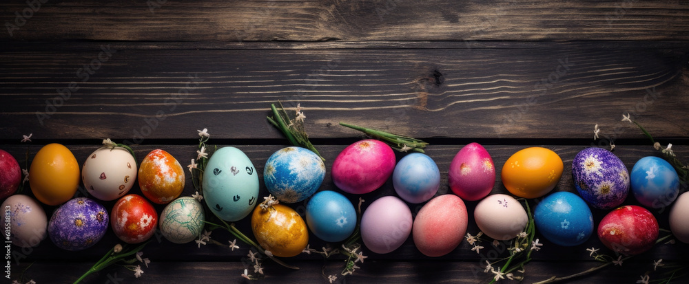 Obraz premium Colorful Easter eggs on the wooden background top view. Stylish spring template with space for text. Greeting card or banner