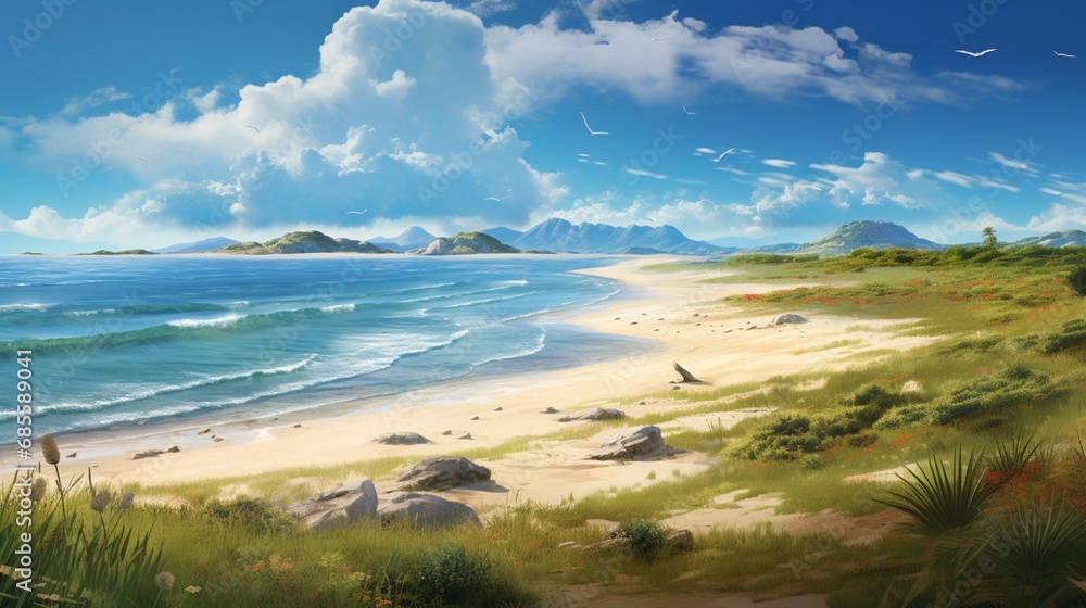 A panoramic view of a sandy barrier island in the littoral zone, with dunes and coastal vegetation. A panoramic view of a sandy barrier island in the littoral zone, with dunes and coastal vegetation.