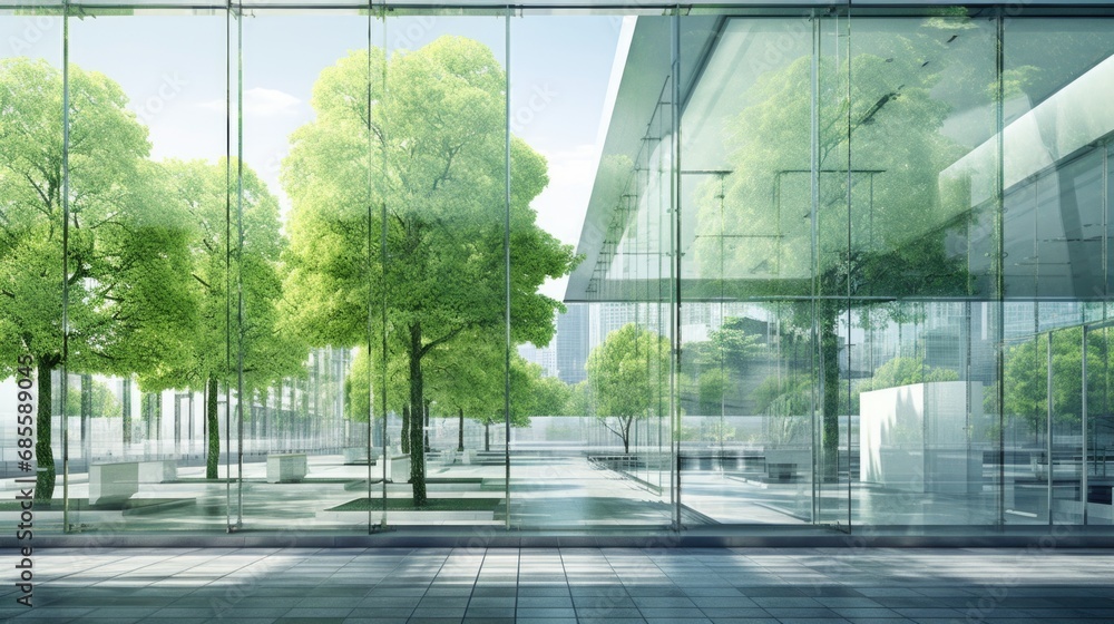 Sustainable green building. Eco-friendly building. Sustainable glass office building with tree for reducing carbon dioxide. Office with green environment. Corporate building reduce CO2. Safety glass. - obrazy, fototapety, plakaty 