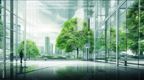 Sustainable green building. Eco-friendly building. Sustainable glass office building with tree for reducing carbon dioxide. Office with green environment. Corporate building reduce CO2. Safety glass. photo