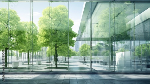 Sustainable green building. Eco-friendly building. Sustainable glass office building with tree for reducing carbon dioxide. Office with green environment. Corporate building reduce CO2. Safety glass. photo