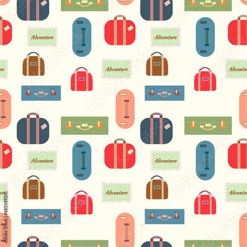 Colorful travel bags, suitcases, seamless pattern, luggage collection, travel illustration.