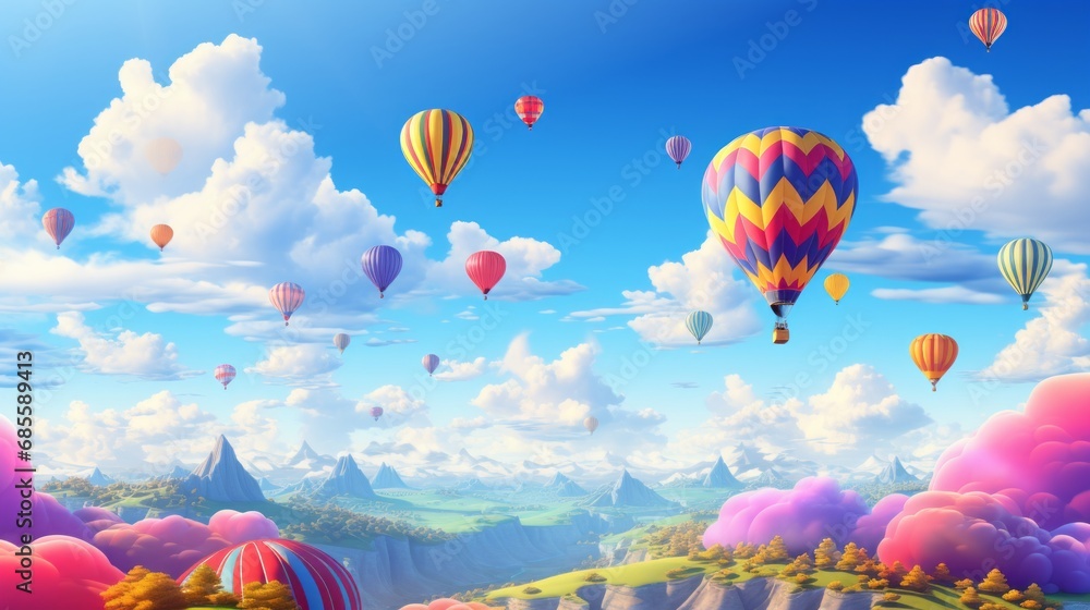 Obraz premium Dreamy Hot Air Balloons in a Simple Sky. 3D Illustration.