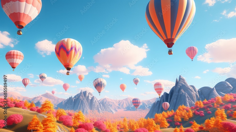 Fototapeta premium Dreamy Hot Air Balloons in a Simple Sky. 3D Illustration.
