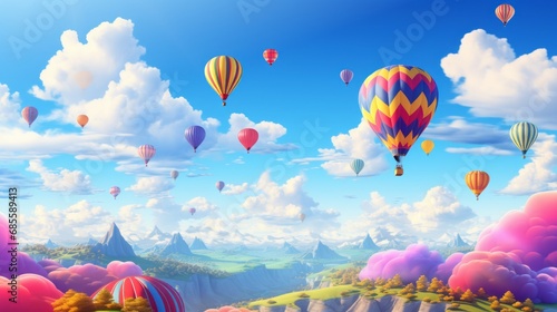 Dreamy Hot Air Balloons in a Simple Sky. 3D Illustration.