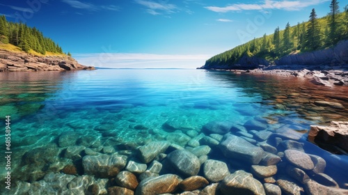 A panoramic view of a serene coastal bay with crystal-clear water and a pebble beach. © AQ Arts
