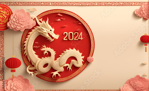 paper style chinese new year festival celebration with dragon give empty space for text