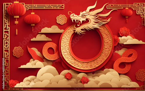 paper style chinese new year festival celebration with dragon give empty space for text