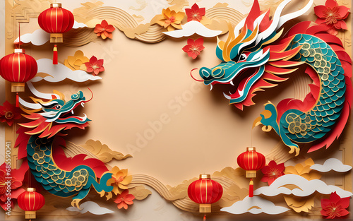 paper style chinese new year festival celebration with dragon give empty space for text