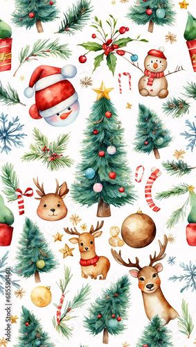 Christmas and Happy New Year seamless pattern with Christmas toys and gifts. Trendy retro and watercolor style. botanical plants, flowers and bells. Textile or wallpaper print.100% Seamless pattern.