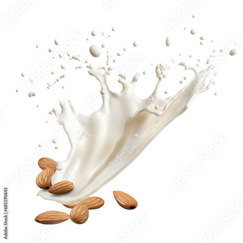 Milk splash with almonds isolated on transparent or white background