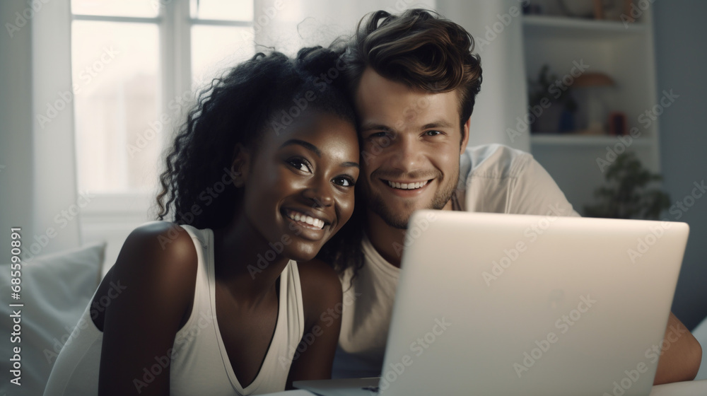 Multiethnic couple using laptop at home. Multiethnic couple using laptop at home.