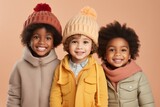 children in colorful fall winter clothes smiling, posing. Youth fashion concept. Generative AI
