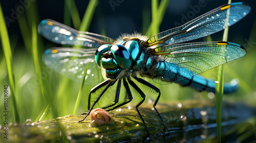 Azure Dragonfly Resting on a Lily Pad in a Pond, beautiful dragonfly in the morning with a beautiful blur background Dragonfly sitting on a stick Dragonfly basks in the sun, Eyes.