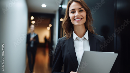 Businesswoman in office with clipboard. 