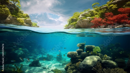 A picturesque scene of a coral reef visible through crystal clear waters in the littoral zone. © AQ Arts