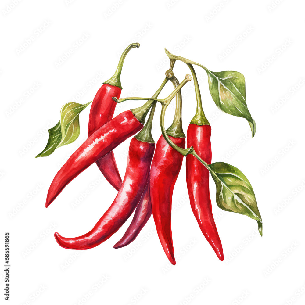 Chili Peppers Watercolor Illustration on White Background