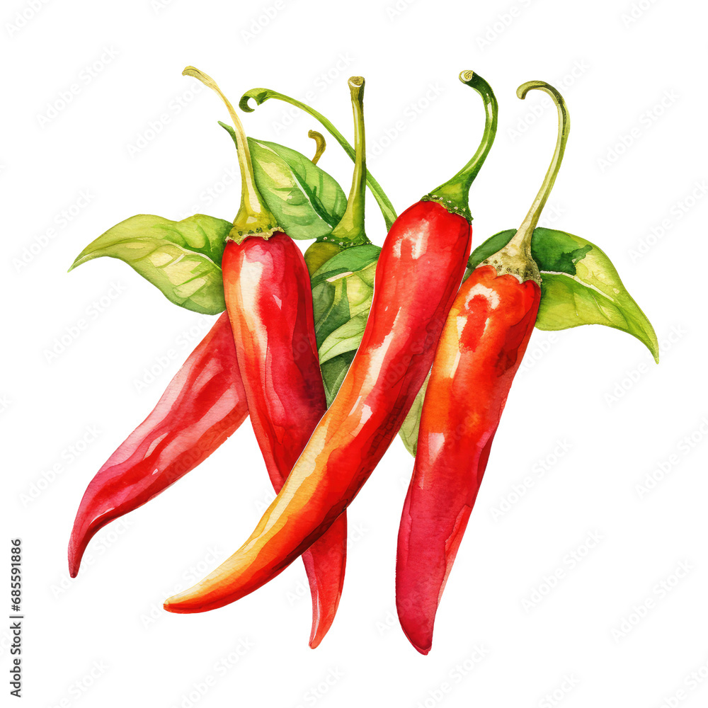 Chili Peppers Watercolor Illustration on White Background