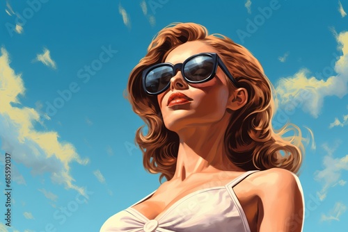Portrait of a beautiful fashionable woman with a hairstyle and sunglasses, on a blue sky background. Bright day, blue and orange color. Illustration poster in the style of 1960