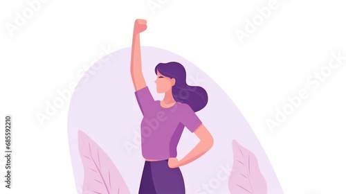 Image congratulating strong women on International Women's Day. Girl holding a fist above her head. Flat vector illustration
